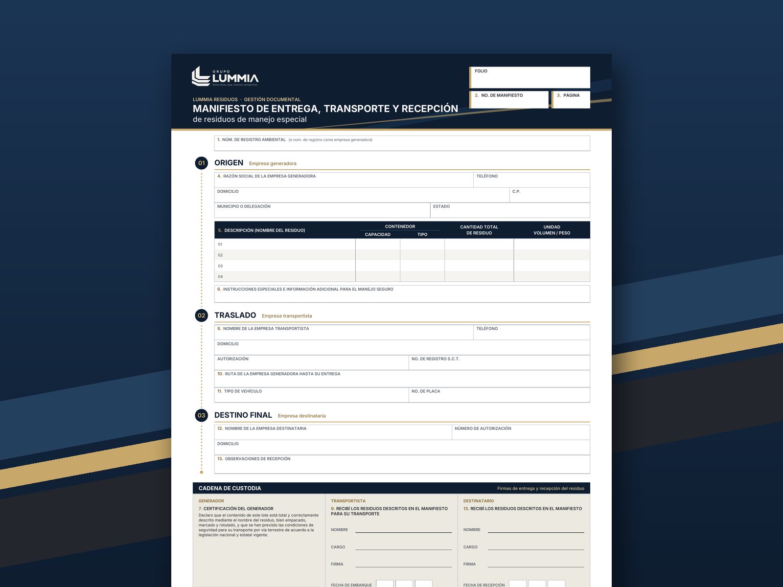 Formato de manifiesto de entrega, transporte y recepción de residuos de Grupo Lummia